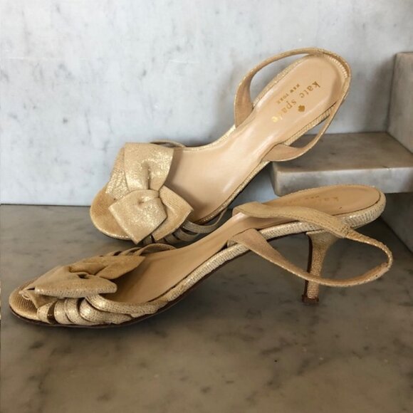 KATE SPADE Maribeth Gold Metallic Bow Slingback Kitten Heels Size 6 1/2 B - Picture 6 of 15